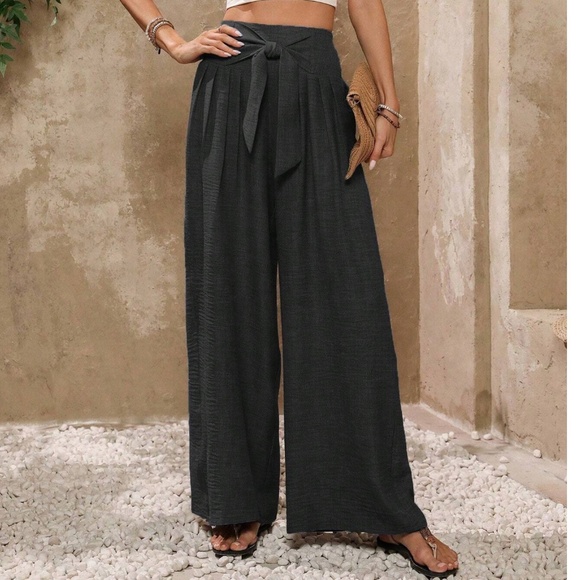 Classic Solid Wide Leg High Waisted Smocked Tie Pants - Picture 8 of 8